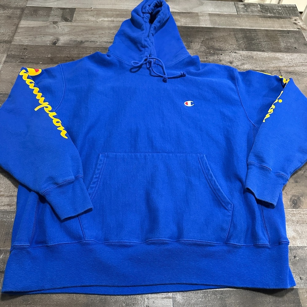 VTG CHAMPION Reverse Weave Blue Embroidered Pull Over Sweatshirt Hoodie 2XL